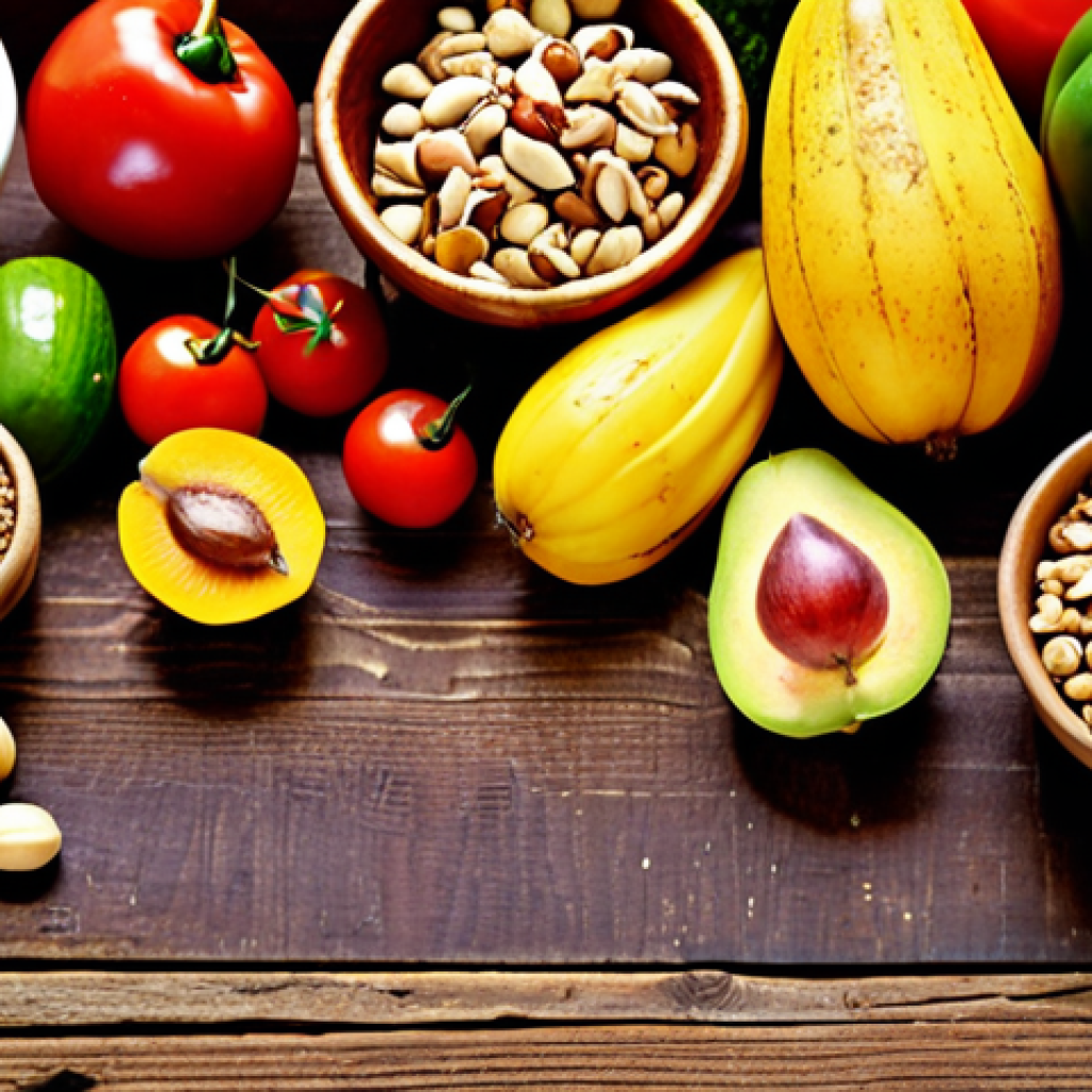 **Vegan Ingredients**: An artistic arrangement of fresh vegan ingredients, including vibrant vegetables, fruits, grains, nuts, and seeds displayed on a rustic wooden table. The focus should be on the rich colors and textures of the ingredients, highlighting their freshness and nutritional value.