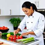 A professional chef, fully clothed in a clean white chef's jacket, meticulously washes vibrant, fresh vegetables at a gleaming stainless steel sink in a modern, brightly lit vegan kitchen. Color-coded cutting boards are neatly arranged on the immaculate countertop, alongside various neatly organized kitchen tools. Packaged vegan ingredients like tofu and plant-based milk are visible in the background, signifying a focus on plant-based cooking. The atmosphere is pristine and efficient, emphasizing hygiene and order. The subject has perfect anatomy, correct proportions, well-formed hands, and a proper finger count, captured in a natural pose. This is a professional photography, high quality, ultra-detailed image, safe for work, appropriate content, fully clothed, professional, modest, and family-friendly.