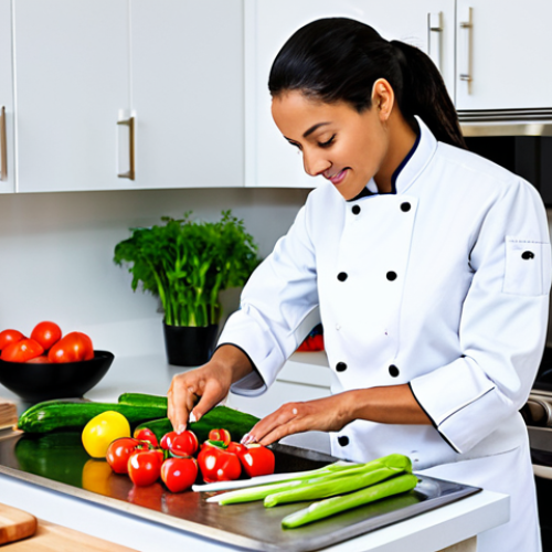 Home 8 A professional chef, fully clothed in a clean white chef's jacket, meticulously washes vibrant, fresh vegetables at a gleaming stainless steel sink in a modern, brightly lit vegan kitchen. Color-coded cutting boards are neatly arranged on the immaculate countertop, alongside various neatly organized kitchen tools. Packaged vegan ingredients like tofu and plant-based milk are visible in the background, signifying a focus on plant-based cooking. The atmosphere is pristine and efficient, emphasizing hygiene and order. The subject has perfect anatomy, correct proportions, well-formed hands, and a proper finger count, captured in a natural pose. This is a professional photography, high quality, ultra-detailed image, safe for work, appropriate content, fully clothed, professional, modest, and family-friendly.